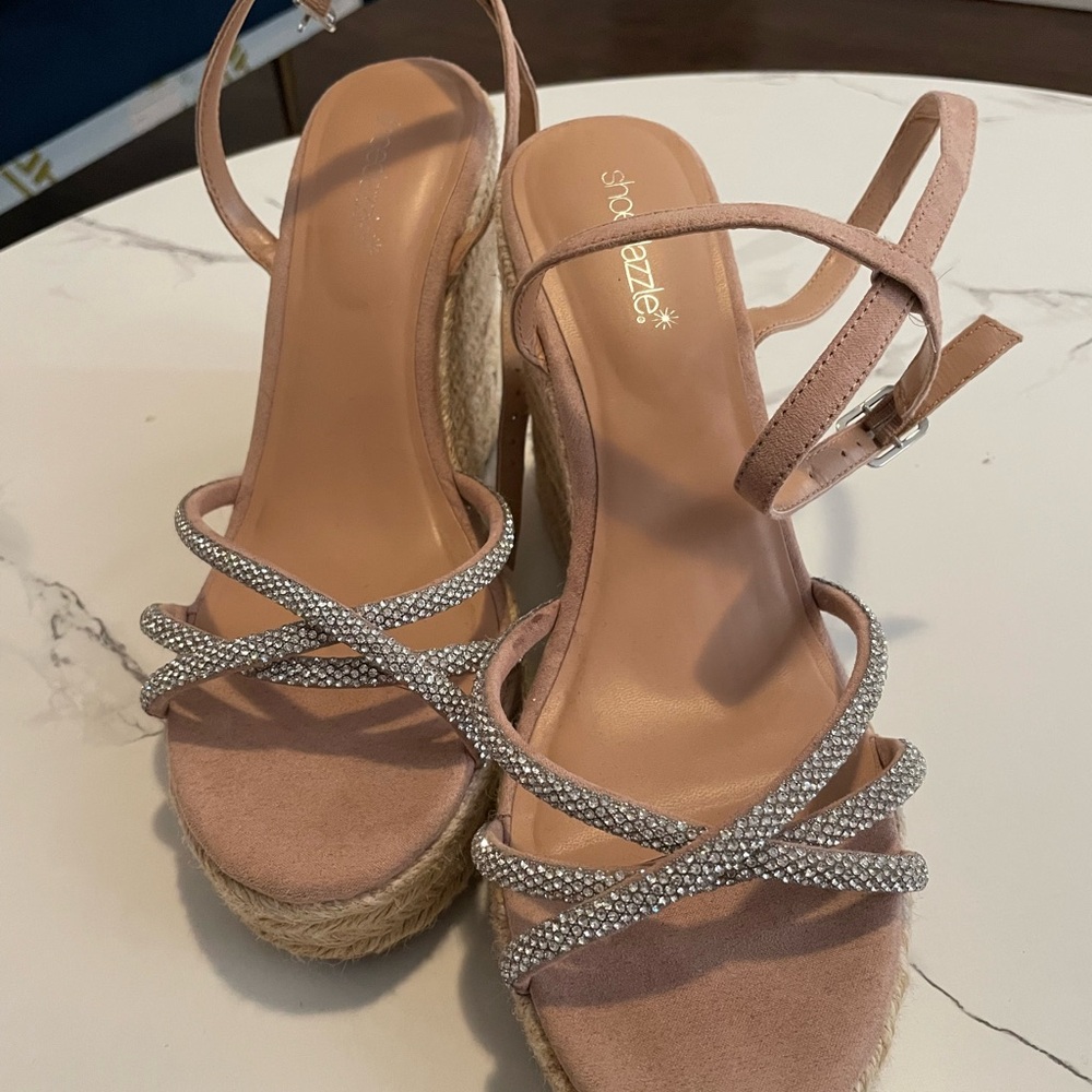 Shoe Dazzle Blush and Silver Espadrille Wedges
